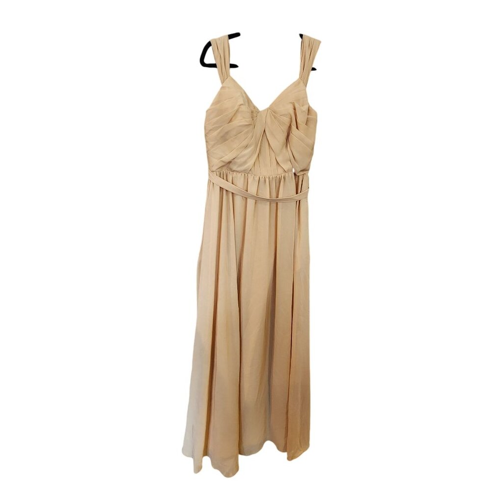 JJs House Beige Pleated A-Line Floor-Length Gown Womens Dress With Elegant Strap